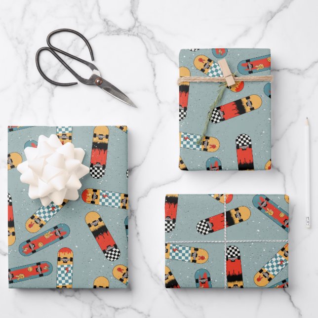 Retro Skateboard Blue Cool Pattern Wrapping Paper Sheet (Front)
