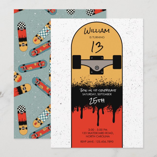 Retro Skateboard Blue Cool Skateboarder Birthday  Invitation (Front/Back)