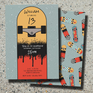 Retro Skateboard Blue Cool Skateboarder Birthday  Invitation