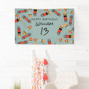 Retro Skateboard Blue Cool Skateboarding Birthday Banner