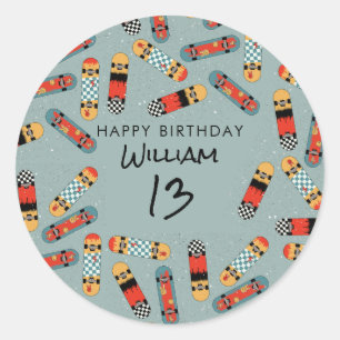 Retro Skateboard Blue Cool Skateboarding Birthday Classic Round Sticker