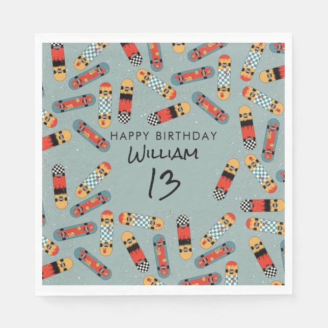 Retro Skateboard Blue Cool Skateboarding Birthday Napkin (Front)