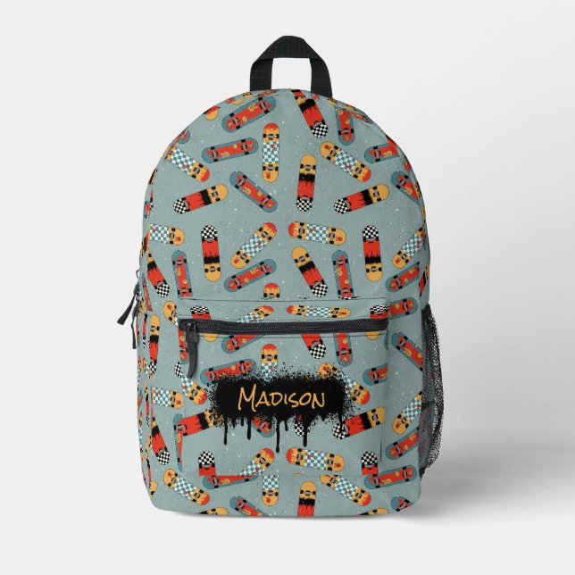Retro Skateboard Blue Custom Name School Printed Backpack (Front)