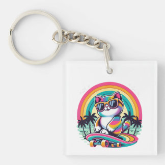 Retro Skateboard Cat Key Ring