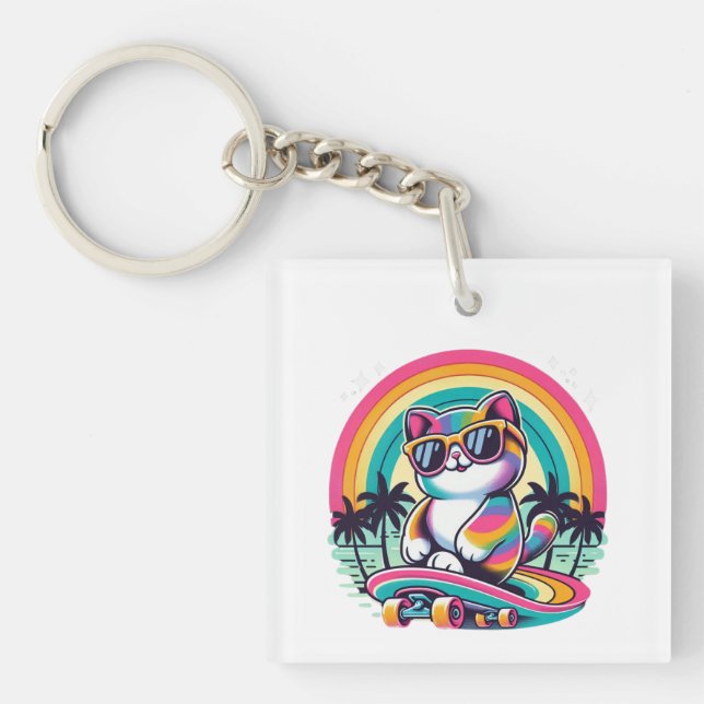Retro Skateboard Cat Key Ring (Front)