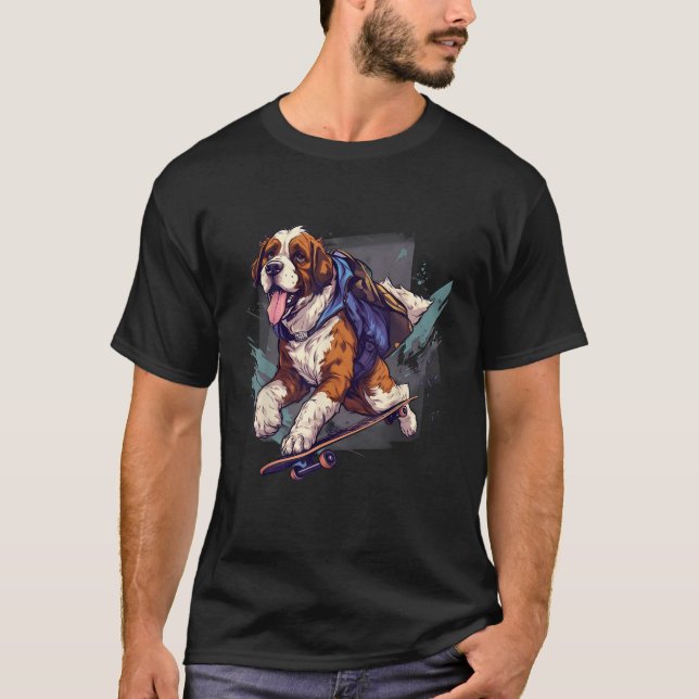 Retro Skateboarding Saint Bernard Dog Skateboard   T-Shirt (Front)