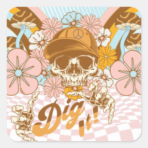 Retro Skeleton Botanical Florals Square Sticker