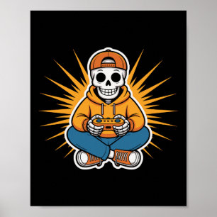 Retro Skeleton Gamer Funny Video Gaming Style Hall Poster