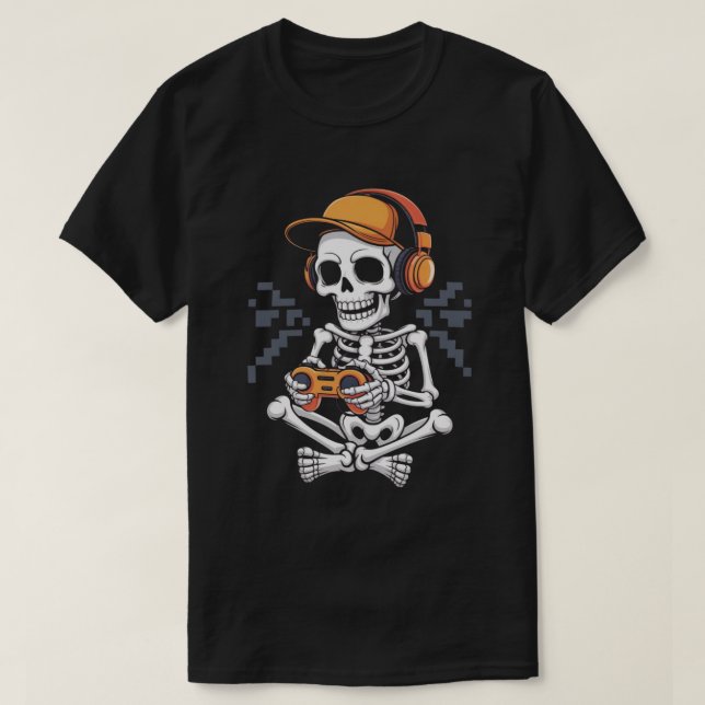 Retro Skeleton Gamer with Headset and Controller T-Shirt (Design Front)
