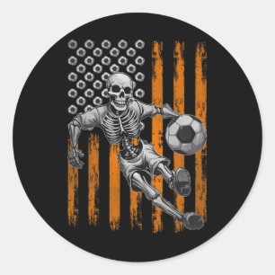 Retro Skeleton Playing Soccer Usa Flag Halloween B Classic Round Sticker