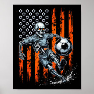 Retro Skeleton Playing Soccer Usa Flag Spooky Hall Poster