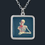Retro Skeleton Silver Plated Necklace<br><div class="desc">Happy smiling skeleton with his bony hand resting on his chin,  done in retro colours.</div>