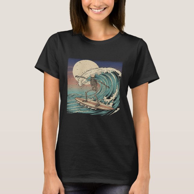 Retro Skeleton Surfer Funny Halloween Beach Wave T-Shirt (Front)