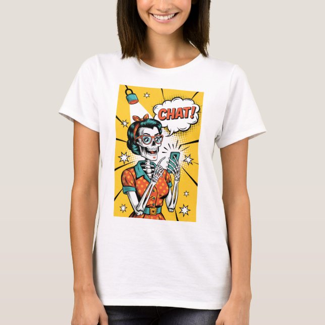 Retro Skeleton Woman in Chat - Classic Pop Art T-Shirt (Front)