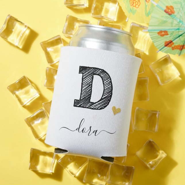 Retro Sketch Monogram Letter D, Can Cooler (In Situ Summer)