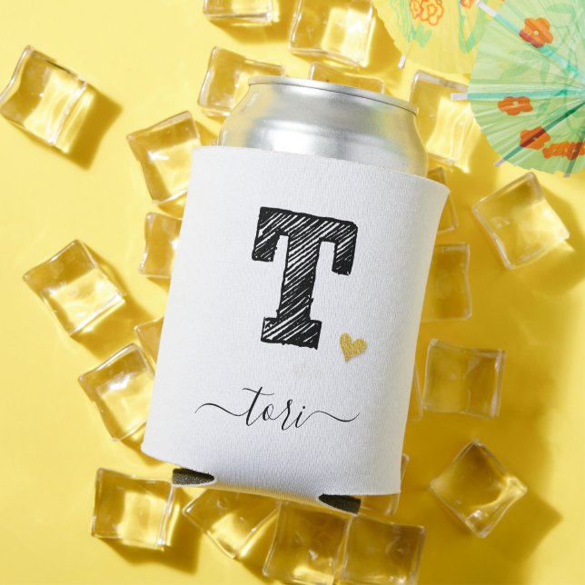 Retro Sketch Monogram Letter T, Can Cooler (In Situ Summer)