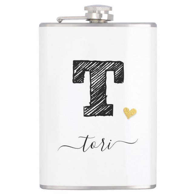 Retro Sketch Monogram Letter T, Flask (Front)