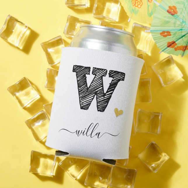 Retro Sketch Monogram Letter W, Can Cooler (In Situ Summer)