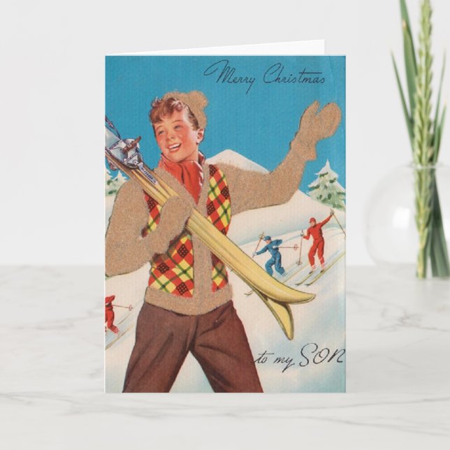 Retro Ski Christmas Card for Son (Front)