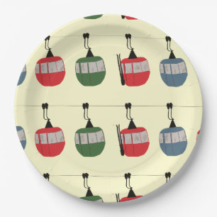 Retro Ski Gondola Lift Skiers Cream Paper Plate