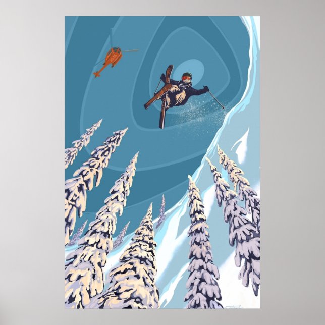 retro ski jumper heli ski art poster (Front)