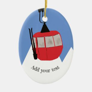 Retro Ski Lift Skiing Snow Mountain Illustration Ceramic Tree Decoration