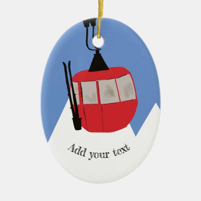 Retro Ski Lift Skiing Snow Mountain Illustration Ceramic Tree Decoration (Front)