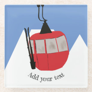 Retro Ski Lift Skiing Snow Mountain Illustration Glass Coaster