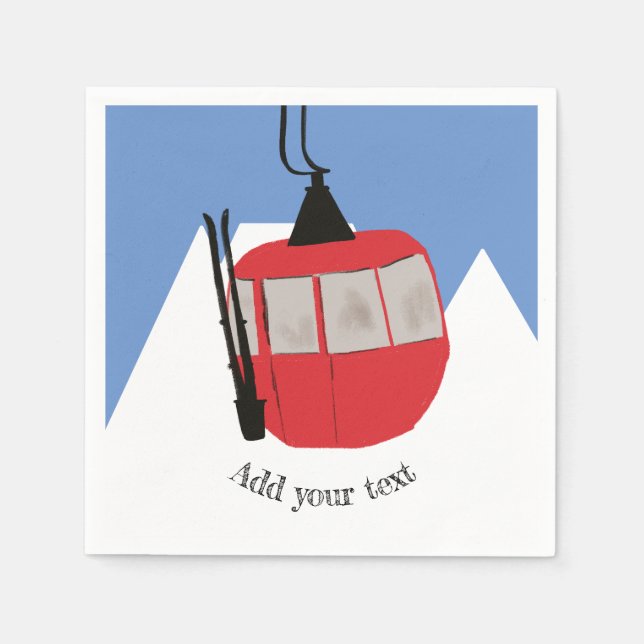 Retro Ski Lift Skiing Snow Mountain Illustration Napkin (Front)