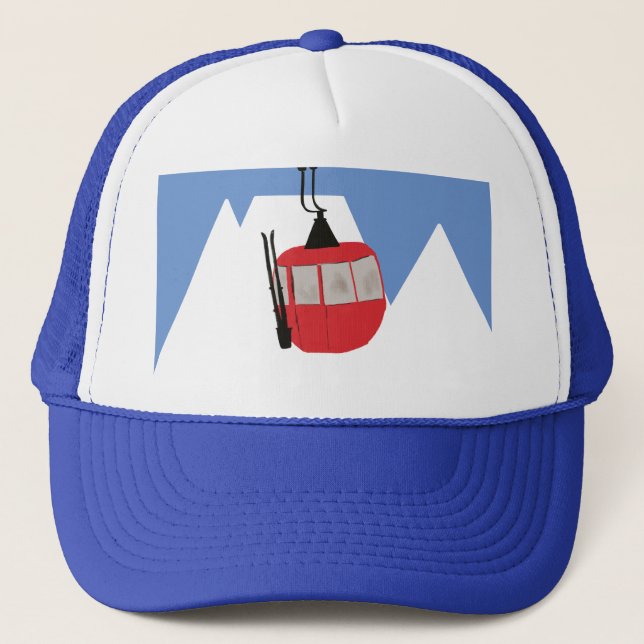 Retro Ski Lift Skiing Snow Mountain Illustration Trucker Hat (Front)