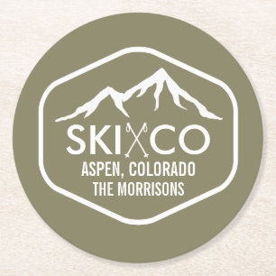 Retro Ski Mountain Logo Aspen Colorado Custom Round Paper Coaster