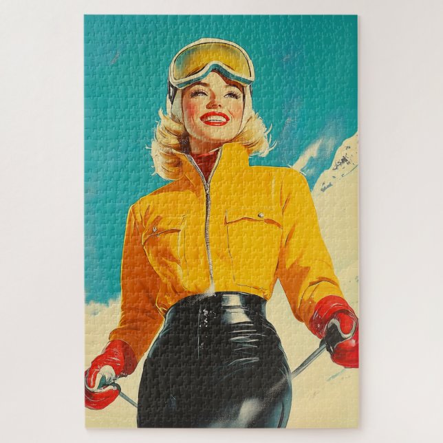 Retro Skiing Glamour Vintage Winter Adventure Jigsaw Puzzle (Vertical)