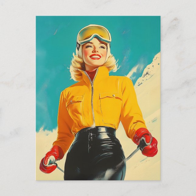 Retro Skiing Glamour Vintage Winter Adventure Postcard (Front)