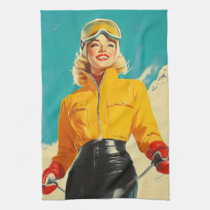 Retro Skiing Glamour Vintage Winter Adventure Tea Towel