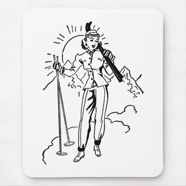 Retro Skiing Lady Mouse Mat (Front)