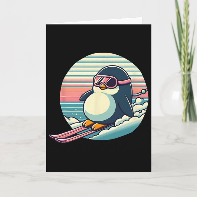 Retro Skiing Penguin Downhill Powder Run Winter  Card (Front)