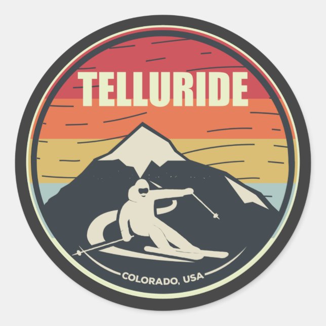 Retro Skiing Telluride Colorado USA Classic Round Sticker (Front)