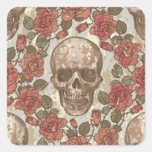 Retro Skulls and Roses Ornament Square Sticker