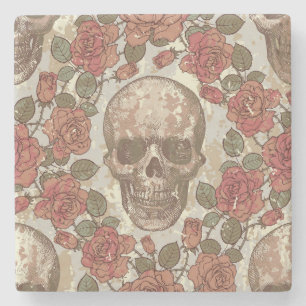 Retro Skulls and Roses Ornament Stone Coaster
