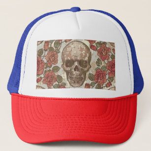 Retro Skulls and Roses Ornament Trucker Hat
