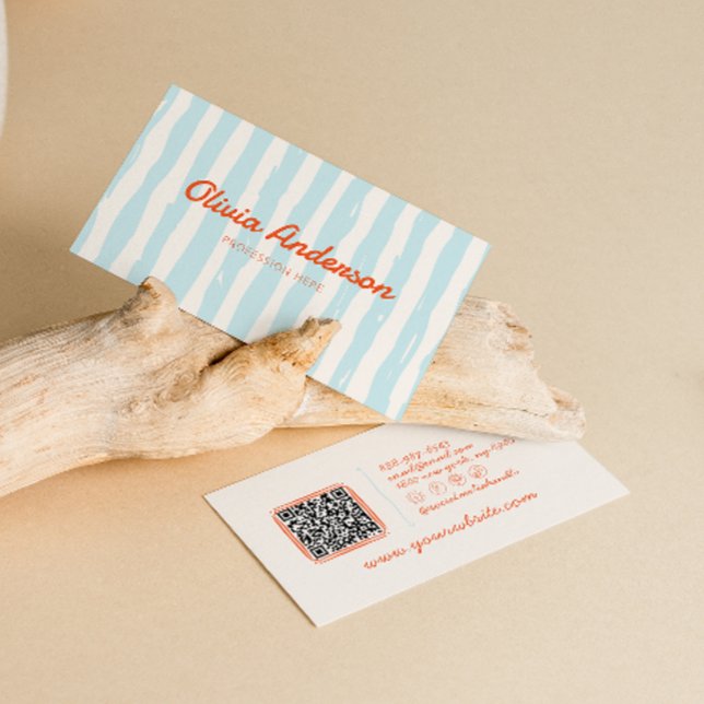Retro Sky Blue Hand Written Drawn Stripped QR Code Business Card (Creator Uploaded)