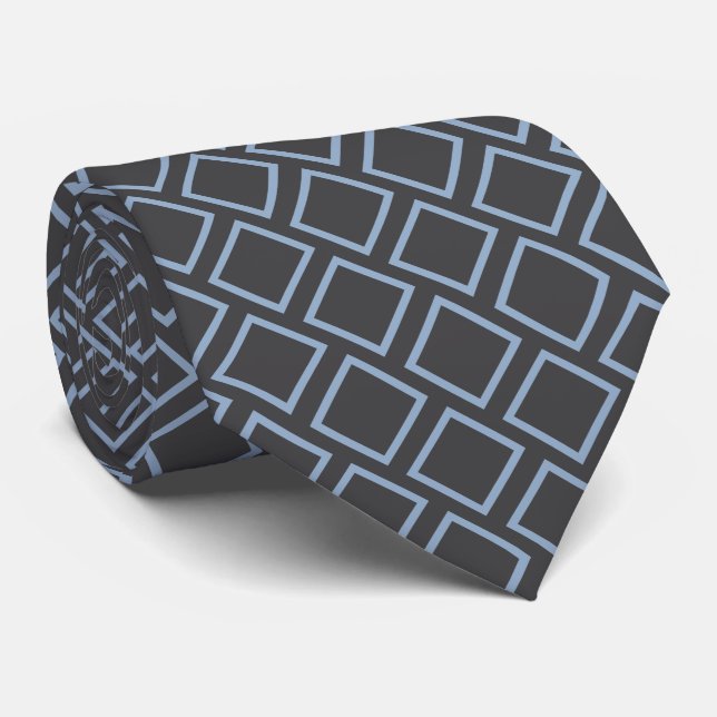 Retro Slate Blue Squares On Dark Grey Neck Tie (Rolled)