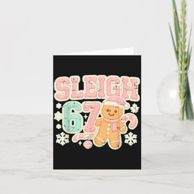 Retro Sleigh 67 Gingerbread Christmas Six Seven Me Card (Front)