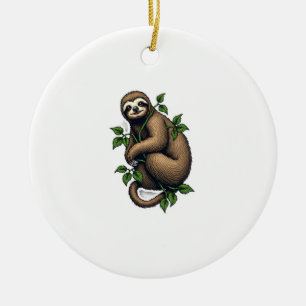 Retro Sloth Line Art Vintage Tee (4) Ceramic Tree Decoration