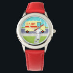 Retro Small Town Milkman Kid's Watch<br><div class="desc">If you have a thirst for a mid century modern design, this Retro Small Town Milkman Kid's Watch is for you! The 1960's style, minimalist art design features a dedicated, milkman making his morning rounds. The blonde man is wearing milky white pants, shirt and hat with a black bow tie,...</div>