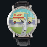 Retro Small Town Milkman Watch<br><div class="desc">If you have a thirst for a mid century modern design, this Retro Small Town Milkman Watch is for you! The 1960's style, minimalist art design features a dedicated, milkman making his morning rounds. The blonde man is wearing milky white pants, shirt and hat with a black bow tie, belt...</div>