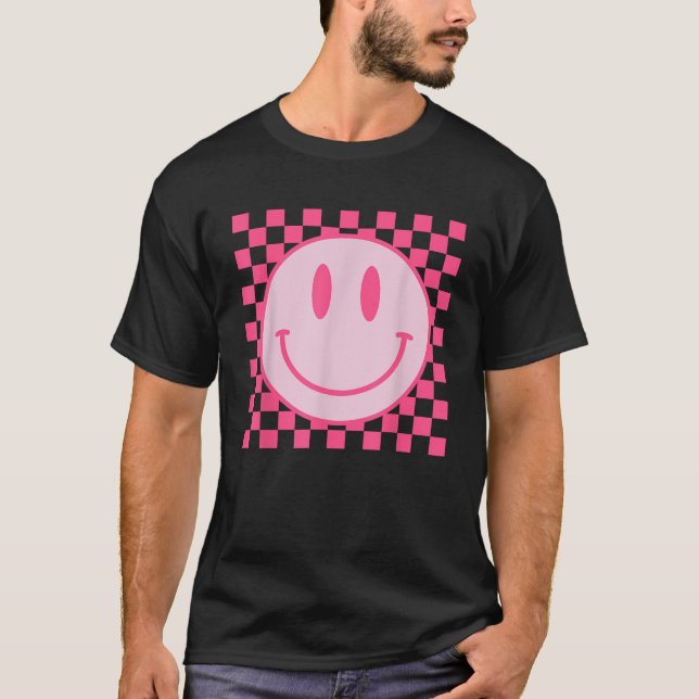 Retro Smile Face Checkered Pattern Preppy Aestheti T-Shirt (Front)