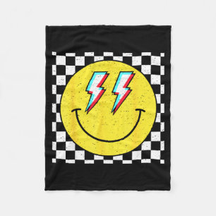 Retro Smile Face Checkered Pattern Preppy Happy Fa Fleece Blanket
