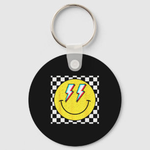 Retro Smile Face Checkered Pattern Preppy Happy Fa Key Ring