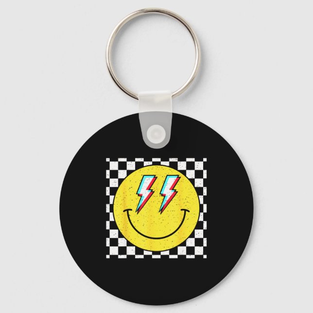 Retro Smile Face Checkered Pattern Preppy Happy Fa Key Ring (Front)
